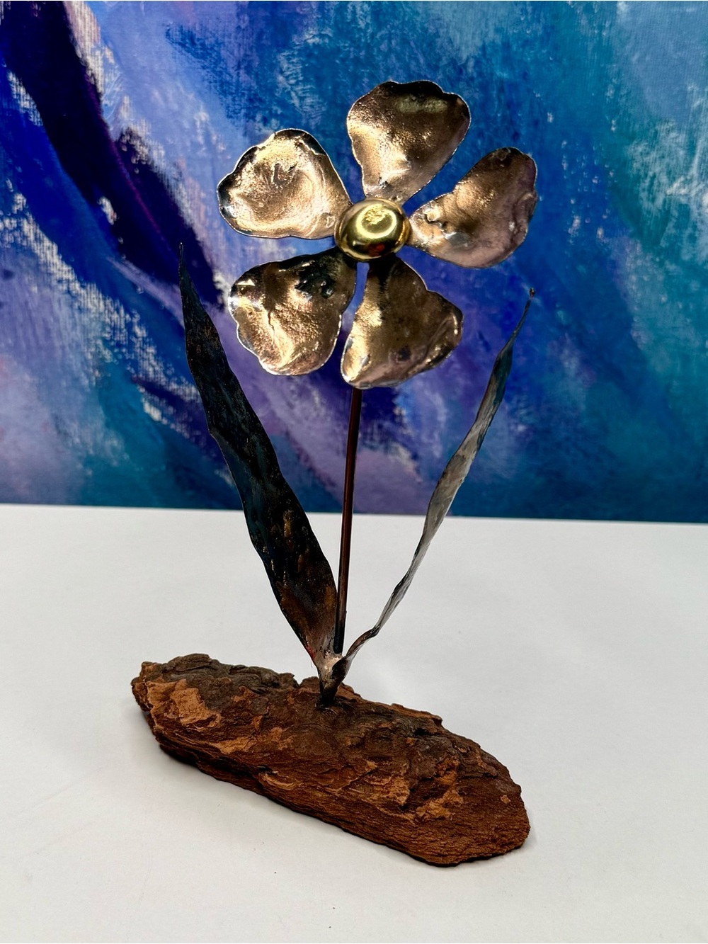 Brutalist Enamel Copper Flower on Wood Burl Base Vintage Metal Sculpture Art